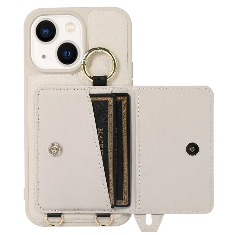 Leather+TPU Cover for iPhone 13 / 14 6.1 inch Card Holder Hand Strap Kickstand Phone Case with Shoulder Strap - White