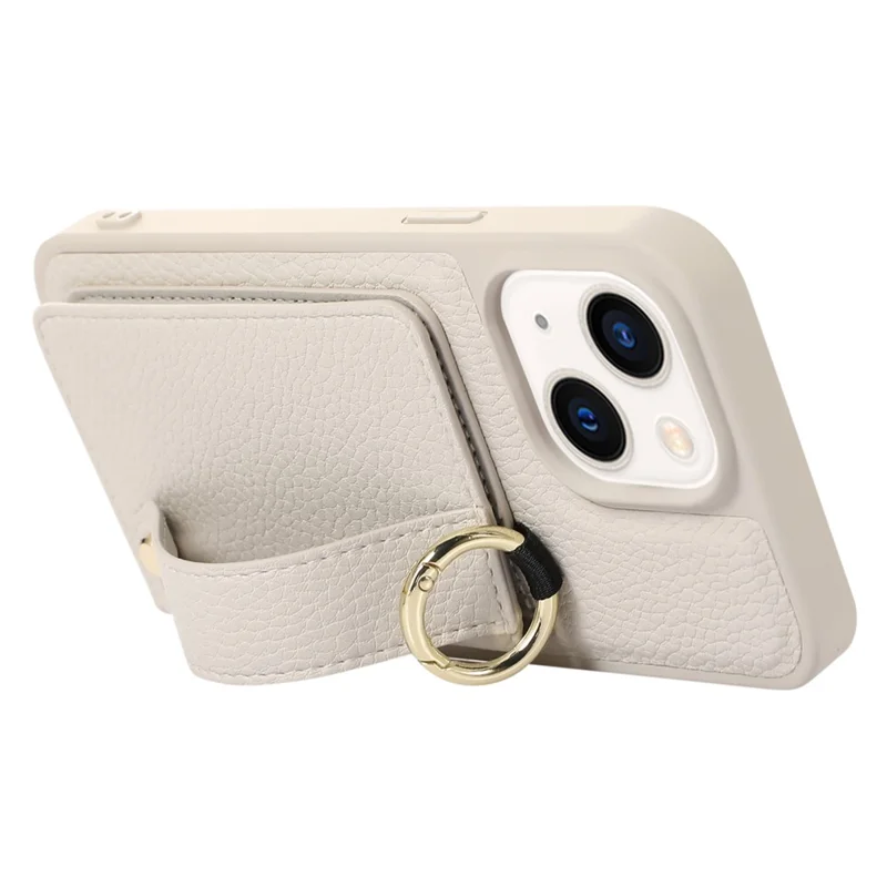 Leather+TPU Cover for iPhone 13 / 14 6.1 inch Card Holder Hand Strap Kickstand Phone Case with Shoulder Strap - White