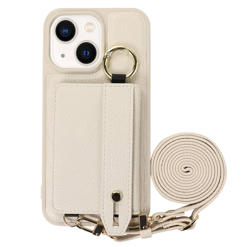 Leather+TPU Cover for iPhone 13 / 14 6.1 inch Card Holder Hand Strap Kickstand Phone Case with Shoulder Strap - White