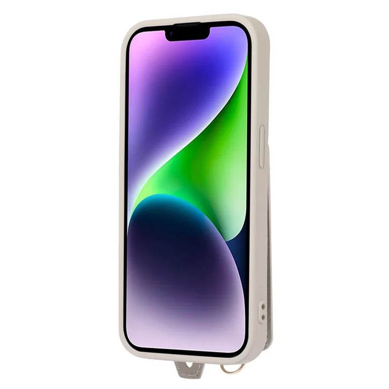 Leather+TPU Cover for iPhone 13 / 14 6.1 inch Card Holder Hand Strap Kickstand Phone Case with Shoulder Strap - White