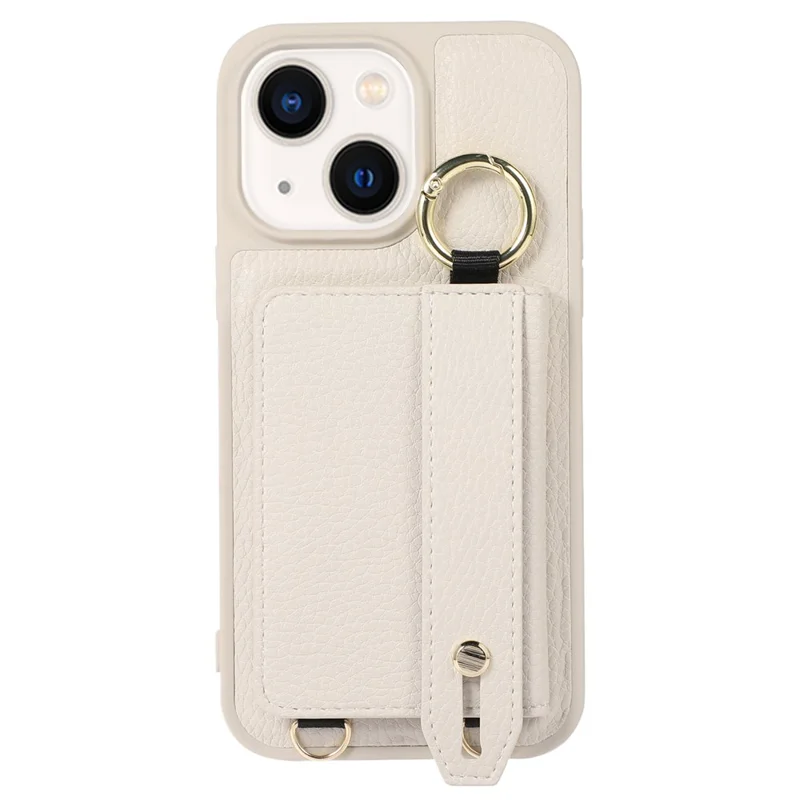 Leather+TPU Cover for iPhone 13 / 14 6.1 inch Card Holder Hand Strap Kickstand Phone Case with Shoulder Strap - White