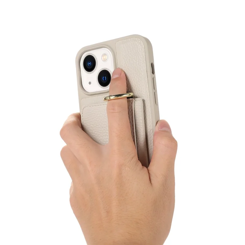 Leather+TPU Cover for iPhone 13 / 14 6.1 inch Card Holder Hand Strap Kickstand Phone Case with Shoulder Strap - White
