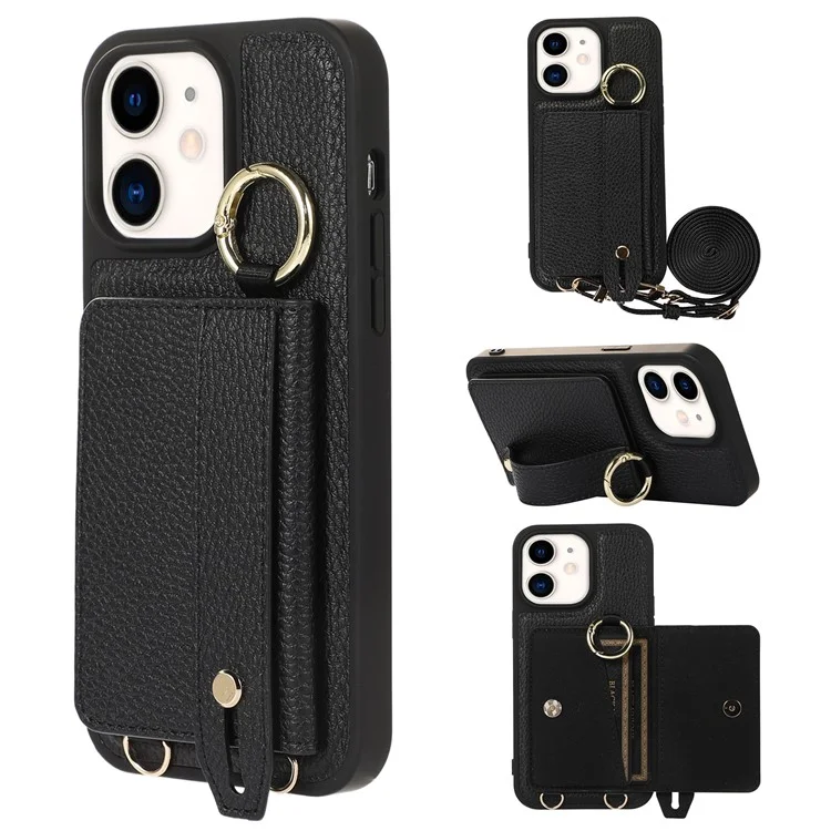 Fall-proof Cover for iPhone 11 6.1 inch Card Holder Hand Strap Leather+TPU Phone Kickstand Case with Shoulder Strap - Black