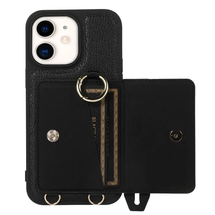 Fall-proof Cover for iPhone 11 6.1 inch Card Holder Hand Strap Leather+TPU Phone Kickstand Case with Shoulder Strap - Black