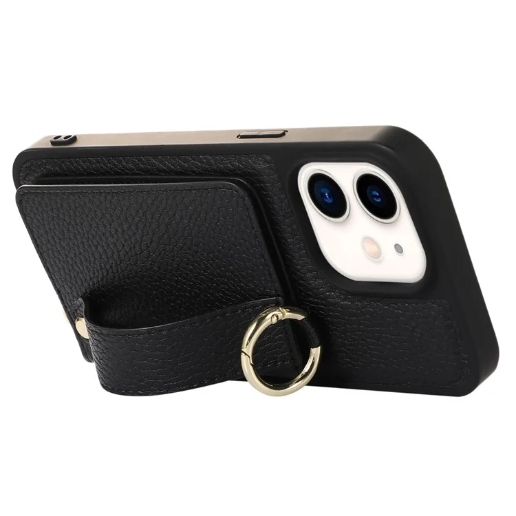 Fall-proof Cover for iPhone 11 6.1 inch Card Holder Hand Strap Leather+TPU Phone Kickstand Case with Shoulder Strap - Black
