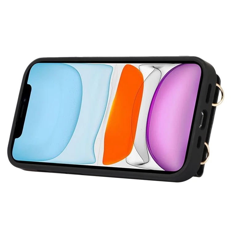 Fall-proof Cover for iPhone 11 6.1 inch Card Holder Hand Strap Leather+TPU Phone Kickstand Case with Shoulder Strap - Black