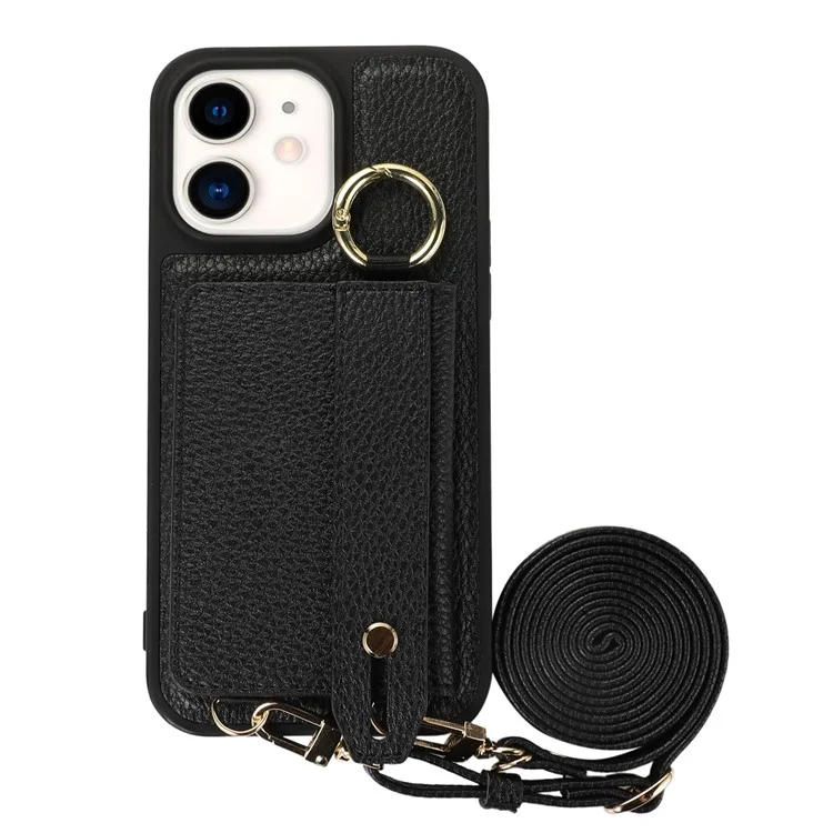 Fall-proof Cover for iPhone 11 6.1 inch Card Holder Hand Strap Leather+TPU Phone Kickstand Case with Shoulder Strap - Black