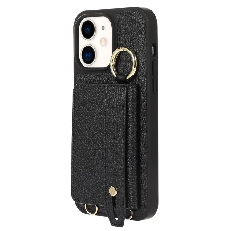 Fall-proof Cover for iPhone 11 6.1 inch Card Holder Hand Strap Leather+TPU Phone Kickstand Case with Shoulder Strap - Black