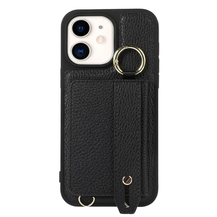 Fall-proof Cover for iPhone 11 6.1 inch Card Holder Hand Strap Leather+TPU Phone Kickstand Case with Shoulder Strap - Black