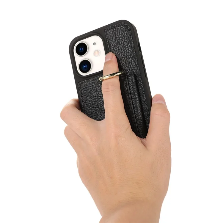Fall-proof Cover for iPhone 11 6.1 inch Card Holder Hand Strap Leather+TPU Phone Kickstand Case with Shoulder Strap - Black