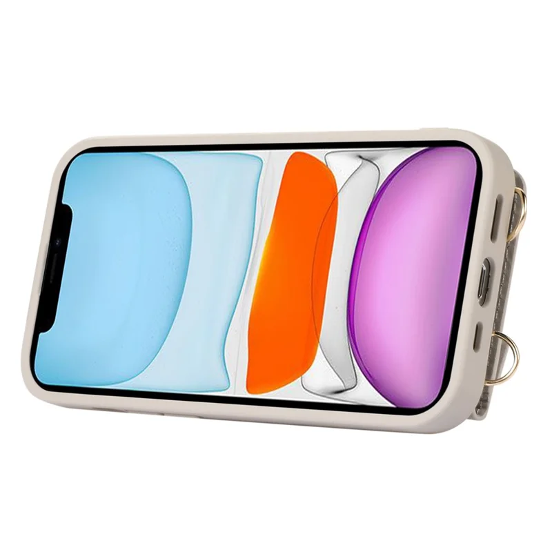 Fall-proof Cover for iPhone 11 6.1 inch Card Holder Hand Strap Leather+TPU Phone Kickstand Case with Shoulder Strap - White