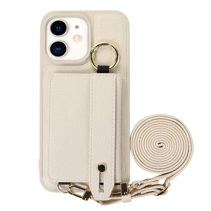 Fall-proof Cover for iPhone 11 6.1 inch Card Holder Hand Strap Leather+TPU Phone Kickstand Case with Shoulder Strap - White