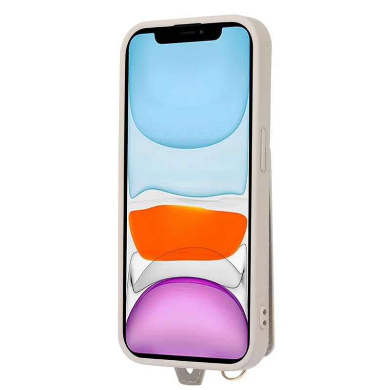 Fall-proof Cover for iPhone 11 6.1 inch Card Holder Hand Strap Leather+TPU Phone Kickstand Case with Shoulder Strap - White