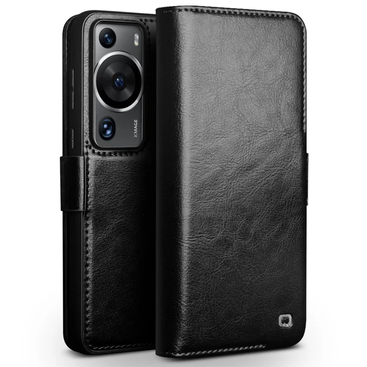 QIALINO Para Huawei P60 Pro Funda de Teléfono Billetera de Cuero Auténtico de Vaca Soporte Flip Folio Cubierta - Negro