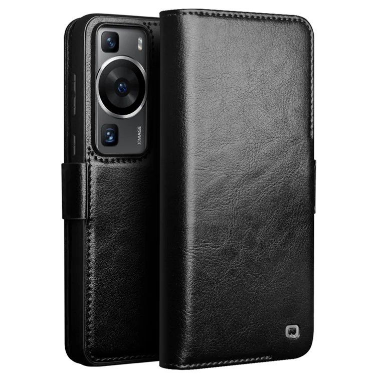 QIALINO Für Huawei P60 Genuine Cow Leather Wallet Phone Case Stand Shockproof Folio Cover - Schwarz