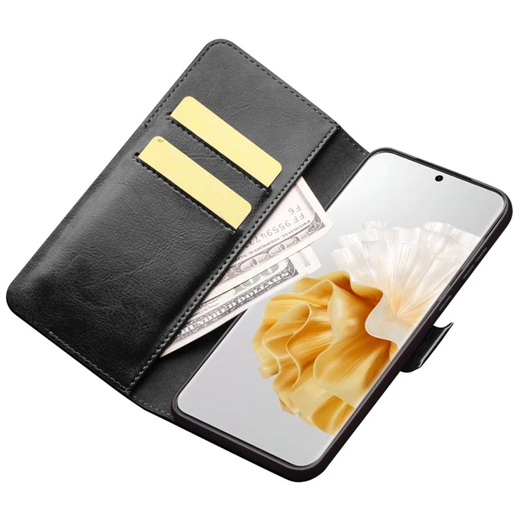 QIALINO Für Huawei P60 Genuine Cow Leather Wallet Phone Case Stand Shockproof Folio Cover - Schwarz