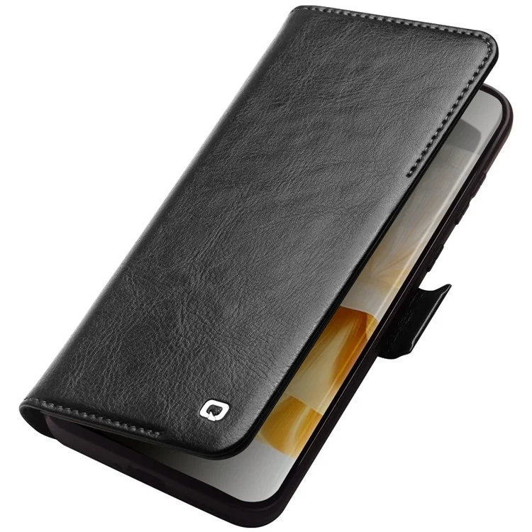 QIALINO Für Huawei P60 Genuine Cow Leather Wallet Phone Case Stand Shockproof Folio Cover - Schwarz