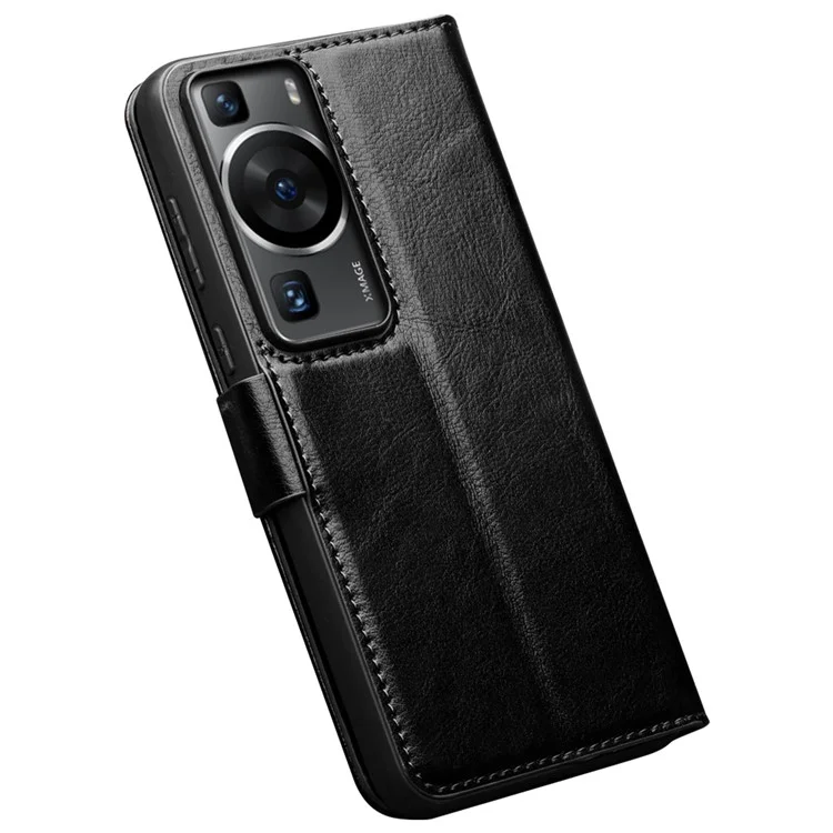 QIALINO Für Huawei P60 Genuine Cow Leather Wallet Phone Case Stand Shockproof Folio Cover - Schwarz