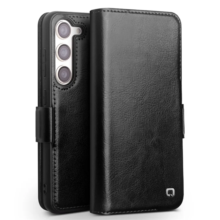 QIALINO Für Samsung Galaxy S23 Genuine Cow Leather Flip Cover Wallet Stand Phone Case - Schwarz