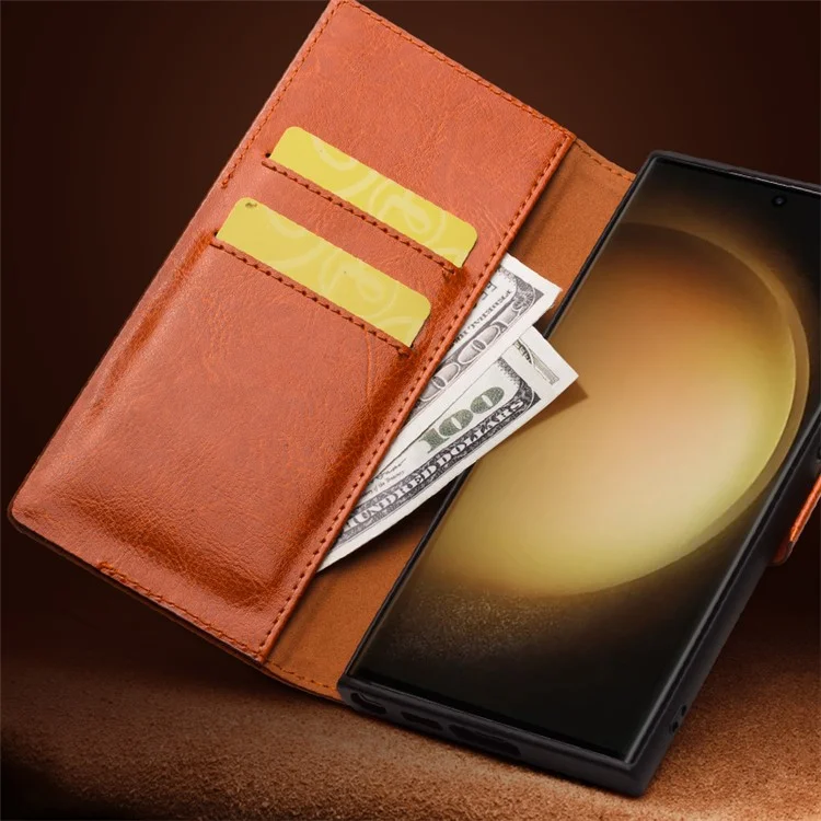 QIALINO Für Samsung Galaxy S23 Genuine Cow Leather Flip Cover Wallet Stand Phone Case - Schwarz