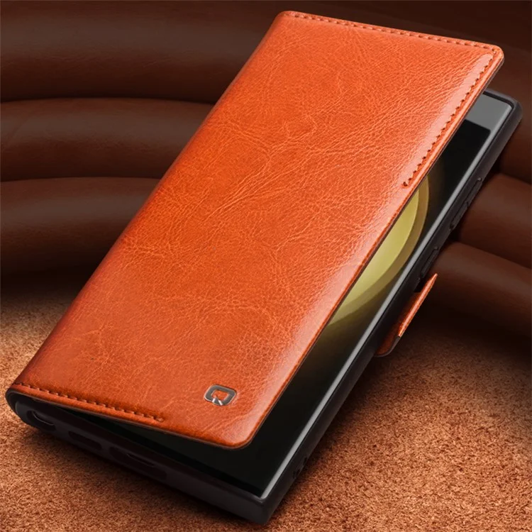 QIALINO Für Samsung Galaxy S23 Genuine Cow Leather Flip Cover Wallet Stand Phone Case - Schwarz