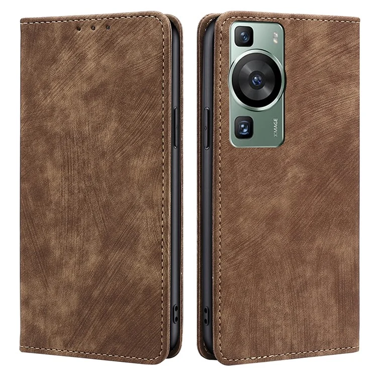 Para Huawei P60 / P60 Pro Estuche de cartera con soporte de cuero PU con bloqueo RFID, anti-arañazos y tapa abatible - Marrón
