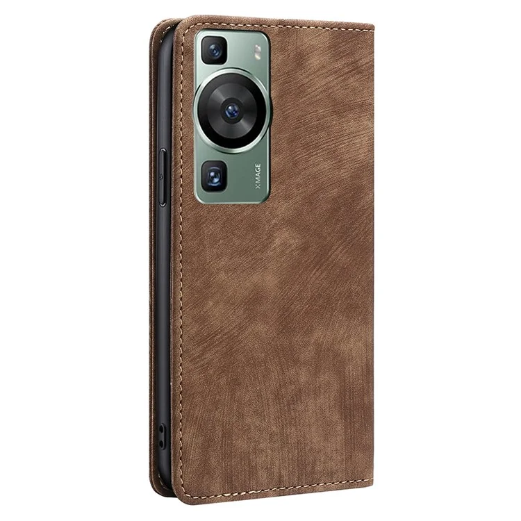 Para Huawei P60 / P60 Pro Estuche de cartera con soporte de cuero PU con bloqueo RFID, anti-arañazos y tapa abatible - Marrón