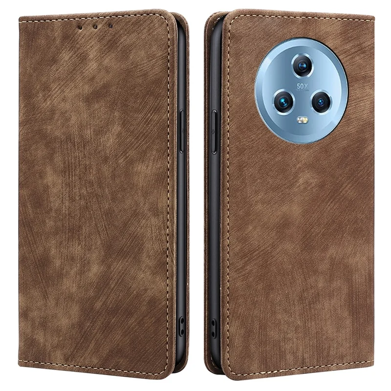For Honor Magic5 PU Leather RFID Blocking Phone Case Flip Cover with Stand Wallet Function - Brown