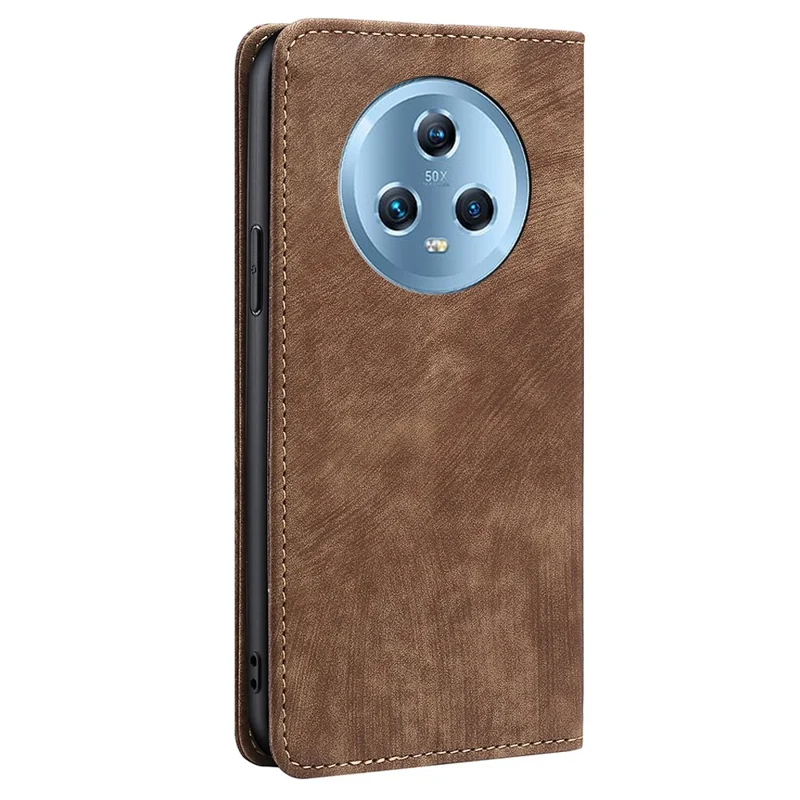 For Honor Magic5 PU Leather RFID Blocking Phone Case Flip Cover with Stand Wallet Function - Brown