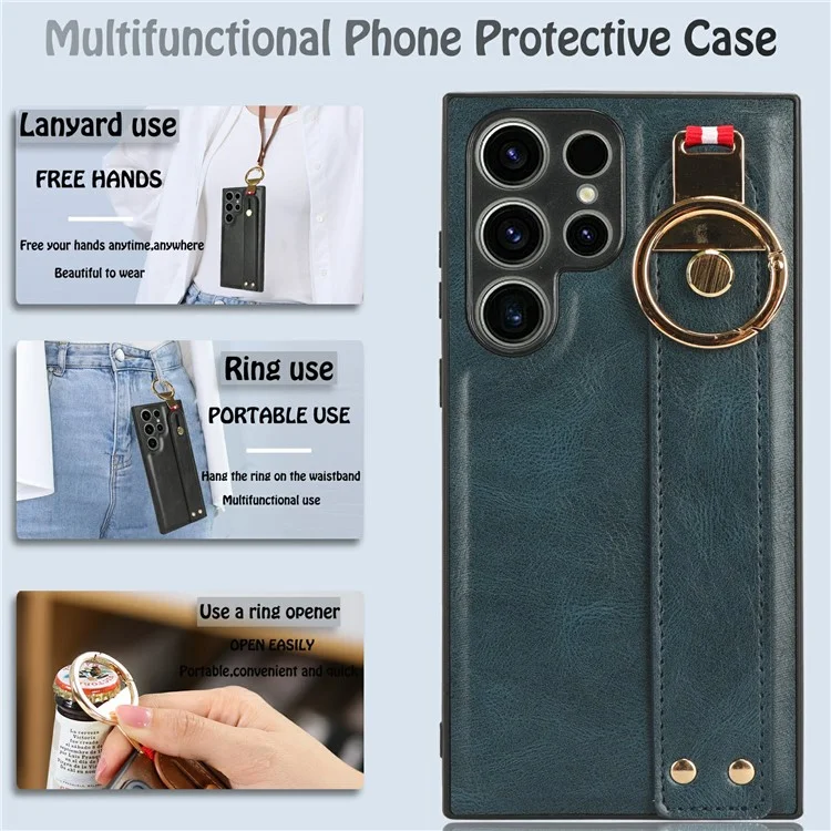 For Samsung Galaxy S23 Ultra Wristband Kickstand Leather Coating Phone Cover PC+TPU Case with Neck Strap - Blue