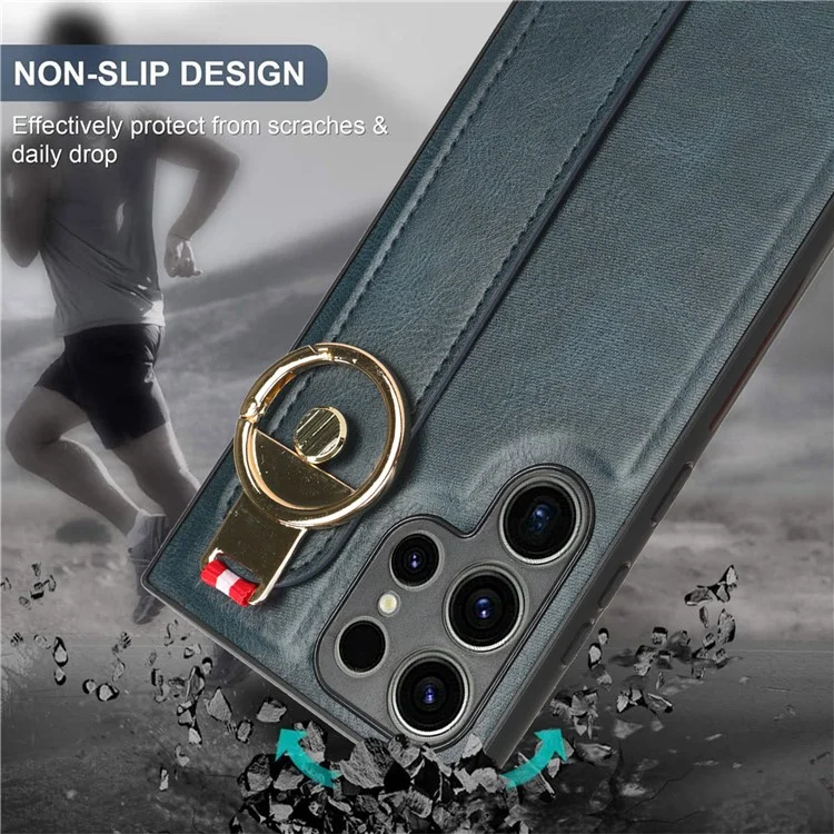 For Samsung Galaxy S23 Ultra Wristband Kickstand Leather Coating Phone Cover PC+TPU Case with Neck Strap - Blue