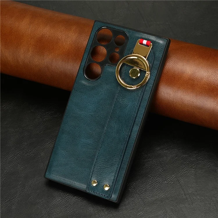 For Samsung Galaxy S23 Ultra Wristband Kickstand Leather Coating Phone Cover PC+TPU Case with Neck Strap - Blue