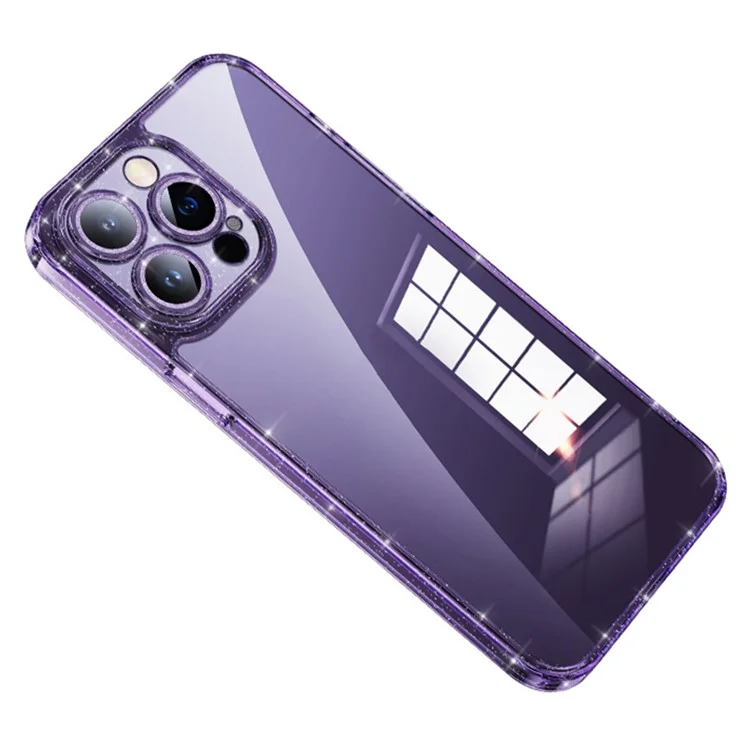 SULADA For iPhone 14 Pro Tempered Glass Back Case Glitter TPU Frame Electroplating Phone Cover with Lens Protector - Purple