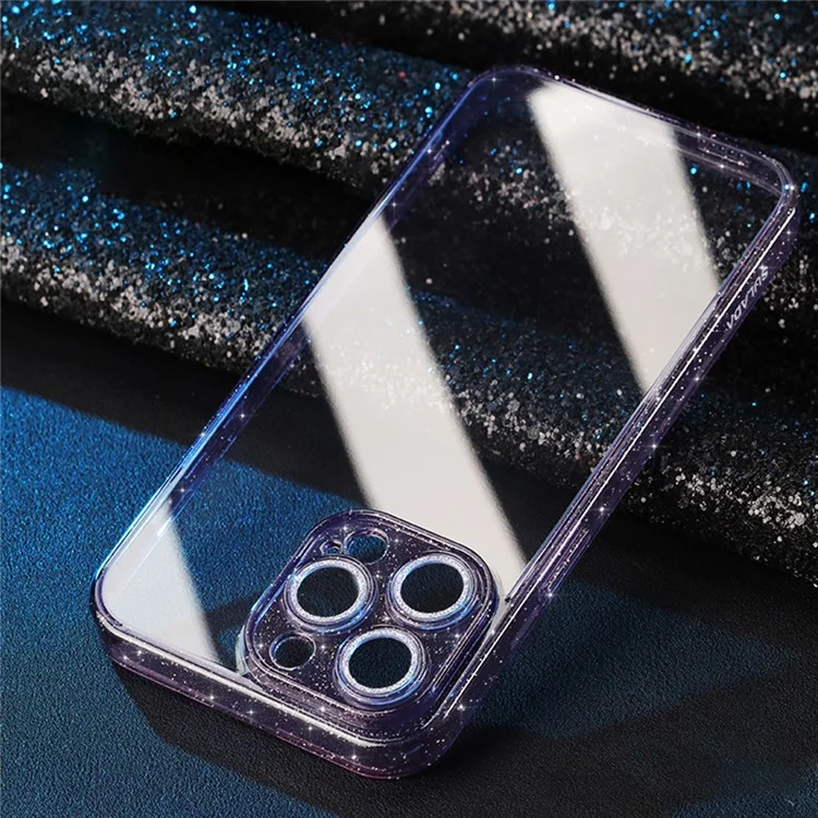 SULADA For iPhone 14 Pro Tempered Glass Back Case Glitter TPU Frame Electroplating Phone Cover with Lens Protector - Purple