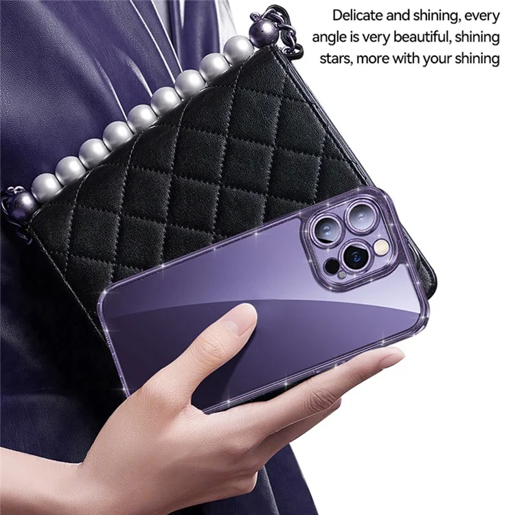 SULADA For iPhone 14 Pro Tempered Glass Back Case Glitter TPU Frame Electroplating Phone Cover with Lens Protector - Purple