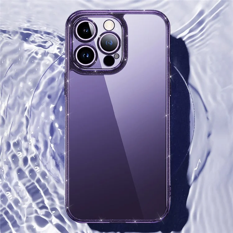 SULADA For iPhone 14 Pro Tempered Glass Back Case Glitter TPU Frame Electroplating Phone Cover with Lens Protector - Purple