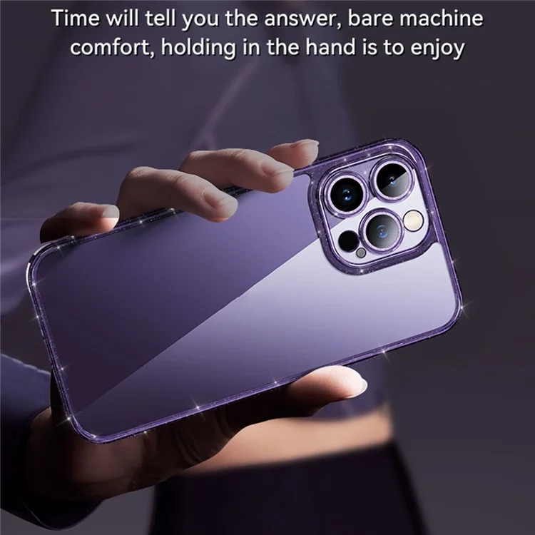 SULADA For iPhone 14 Pro Tempered Glass Back Case Glitter TPU Frame Electroplating Phone Cover with Lens Protector - Purple