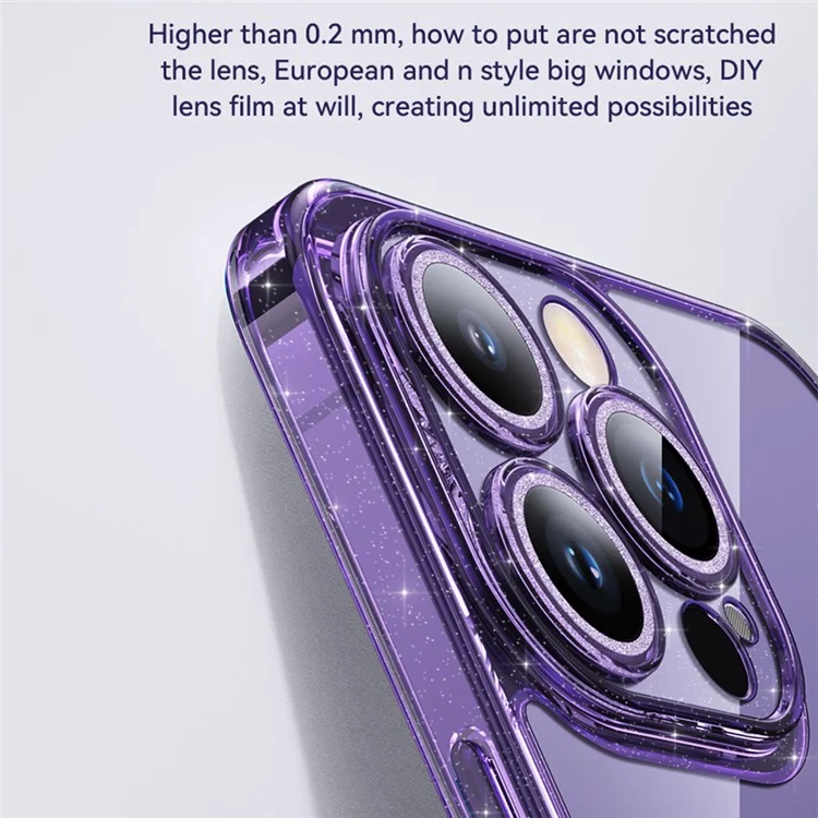 SULADA For iPhone 14 Pro Tempered Glass Back Case Glitter TPU Frame Electroplating Phone Cover with Lens Protector - Purple