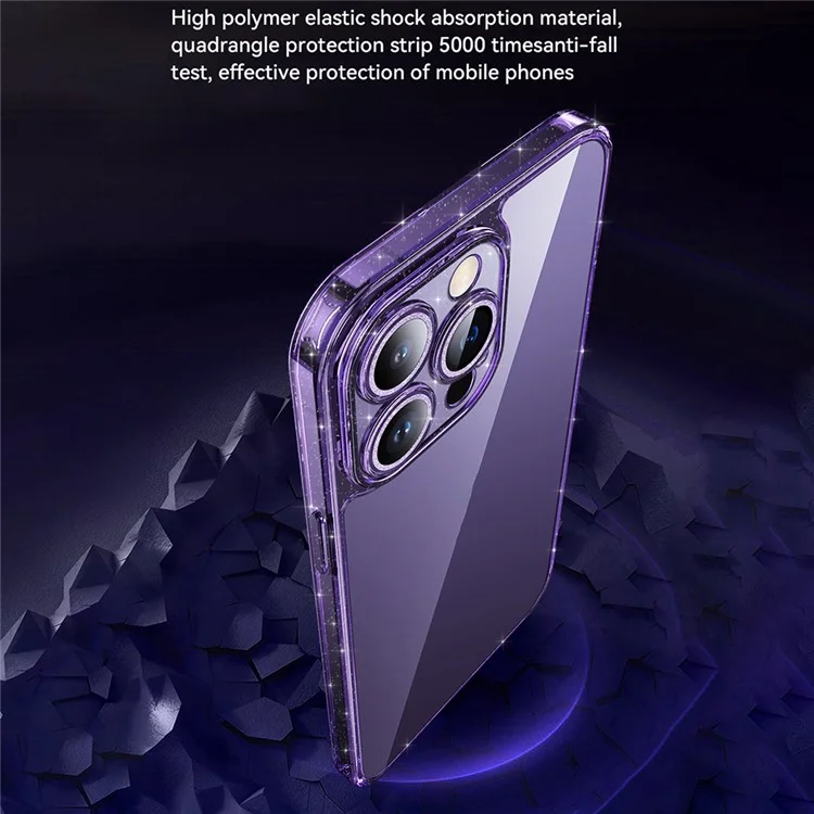 SULADA For iPhone 14 Pro Tempered Glass Back Case Glitter TPU Frame Electroplating Phone Cover with Lens Protector - Purple