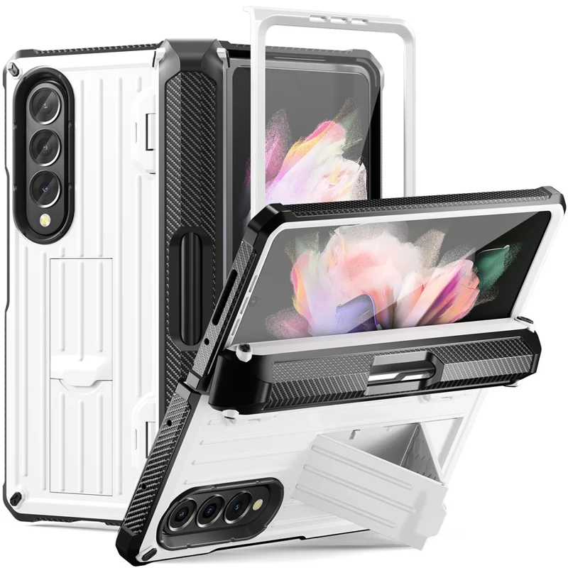 For Samsung Galaxy Z Fold3 5G PC+TPU Phone Case Pen Holder Hinge Phone Kickstand Cover with PET Screen Protector - White