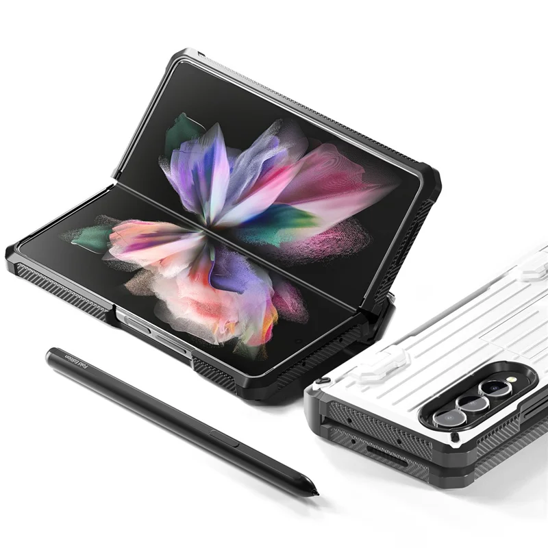 For Samsung Galaxy Z Fold3 5G PC+TPU Phone Case Pen Holder Hinge Phone Kickstand Cover with PET Screen Protector - White