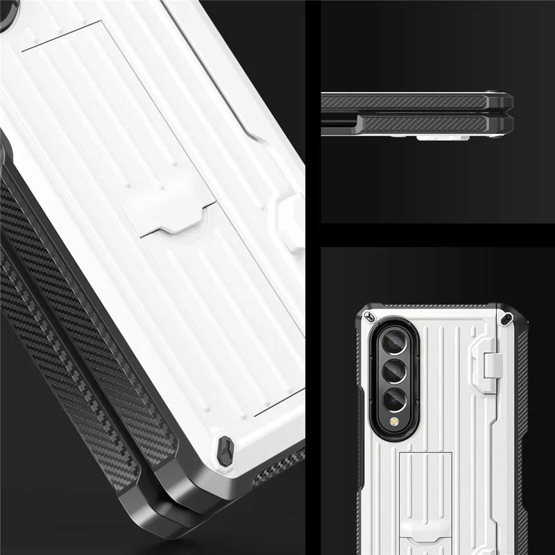 For Samsung Galaxy Z Fold3 5G PC+TPU Phone Case Pen Holder Hinge Phone Kickstand Cover with PET Screen Protector - White