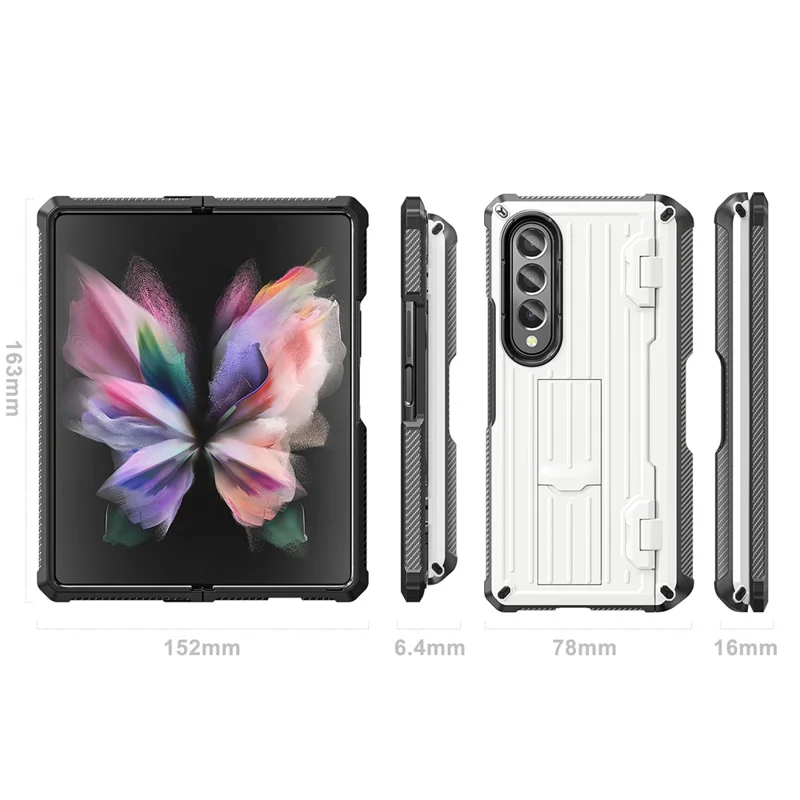 For Samsung Galaxy Z Fold3 5G PC+TPU Phone Case Pen Holder Hinge Phone Kickstand Cover with PET Screen Protector - White
