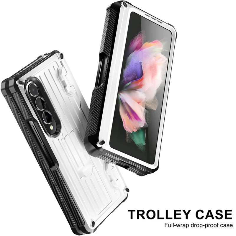 For Samsung Galaxy Z Fold3 5G PC+TPU Phone Case Pen Holder Hinge Phone Kickstand Cover with PET Screen Protector - White