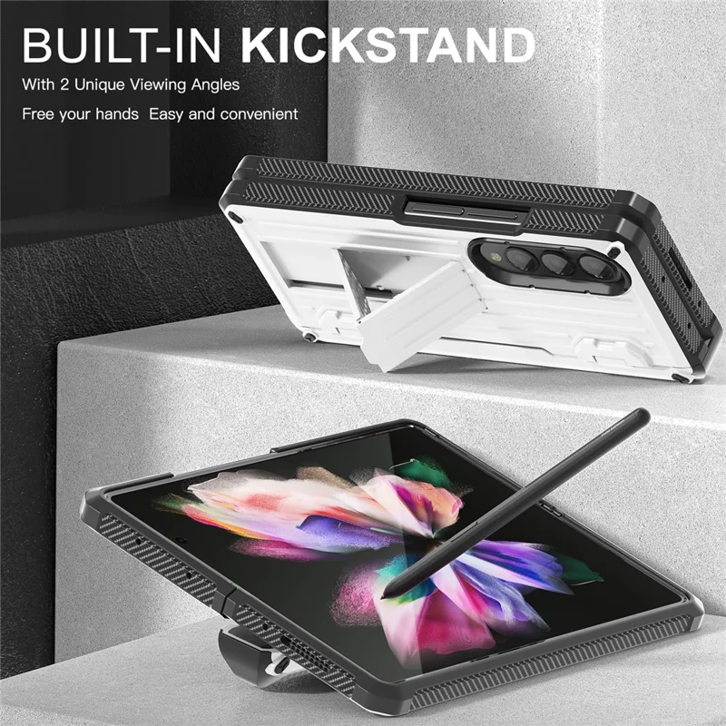 For Samsung Galaxy Z Fold3 5G PC+TPU Phone Case Pen Holder Hinge Phone Kickstand Cover with PET Screen Protector - White