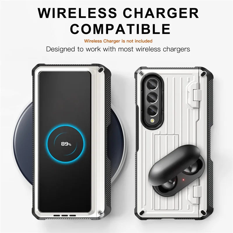For Samsung Galaxy Z Fold3 5G PC+TPU Phone Case Pen Holder Hinge Phone Kickstand Cover with PET Screen Protector - White