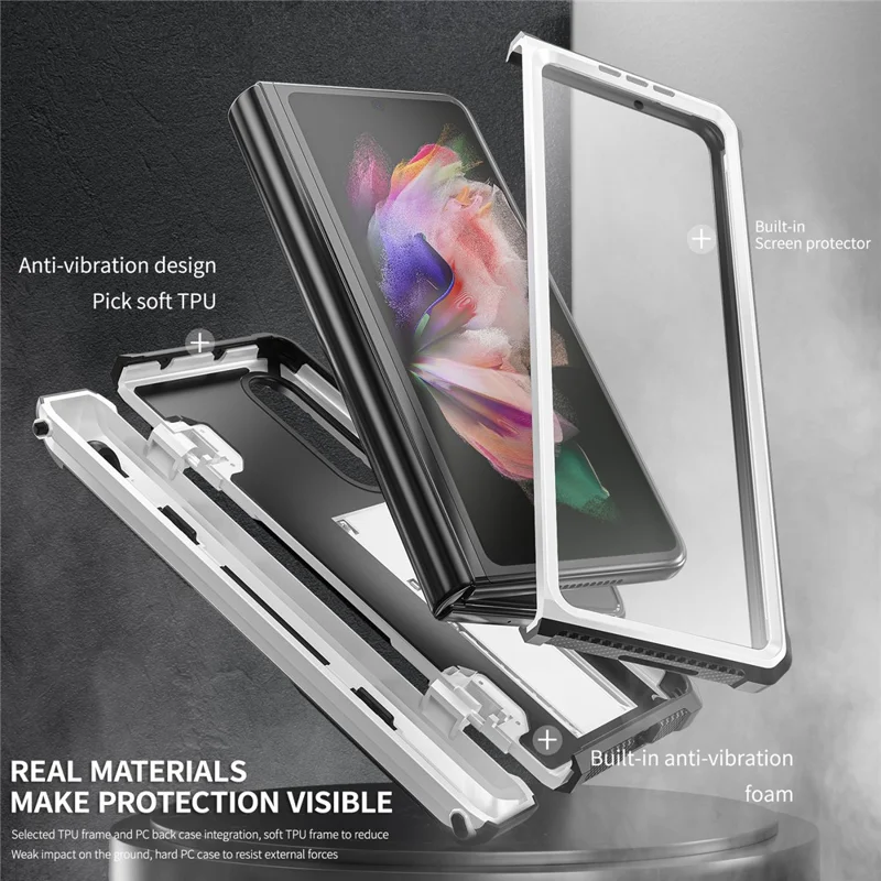 For Samsung Galaxy Z Fold3 5G PC+TPU Phone Case Pen Holder Hinge Phone Kickstand Cover with PET Screen Protector - White