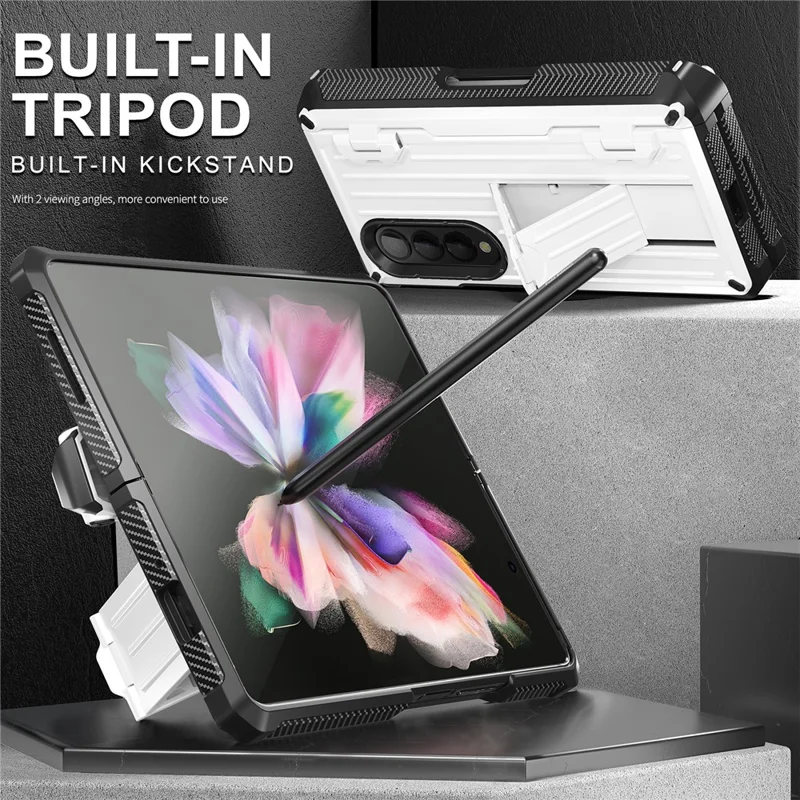 For Samsung Galaxy Z Fold3 5G PC+TPU Phone Case Pen Holder Hinge Phone Kickstand Cover with PET Screen Protector - White