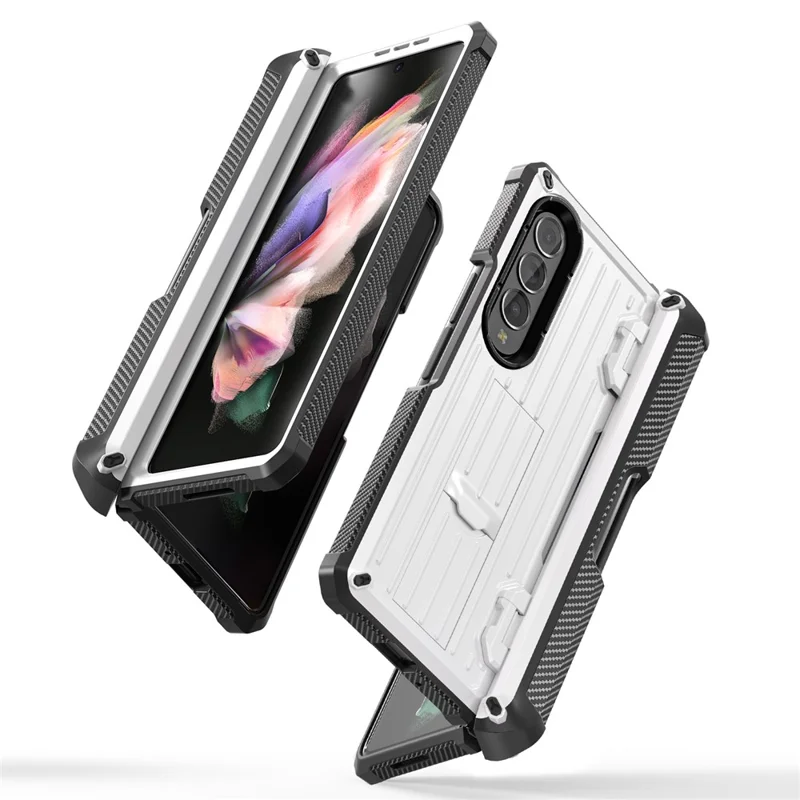For Samsung Galaxy Z Fold3 5G PC+TPU Phone Case Pen Holder Hinge Phone Kickstand Cover with PET Screen Protector - White