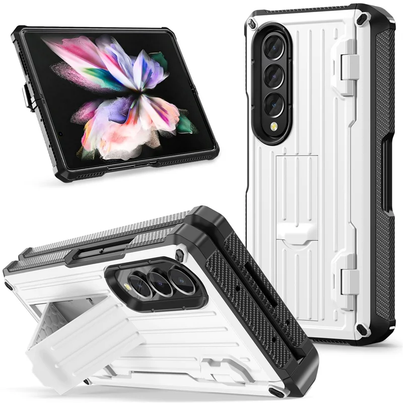 For Samsung Galaxy Z Fold3 5G PC+TPU Phone Case Pen Holder Hinge Phone Kickstand Cover with PET Screen Protector - White